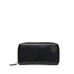 シャネル カメリア ココマーク ラウンドファスナー 長財布 A46506 ブラック ゴールド レザー レディース CHANEL 中古