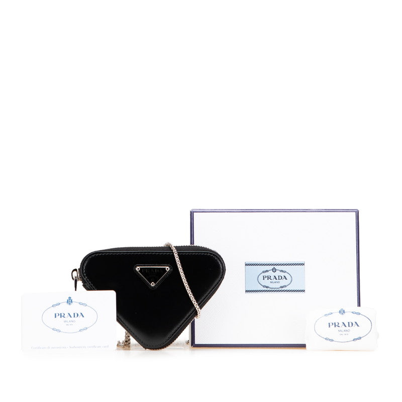 プラダ トライアングル 三角ロゴプレート チェーン ショルダーバッグ ポーチ 1NR005 ブラック レザー レディース PRADA 【中古】