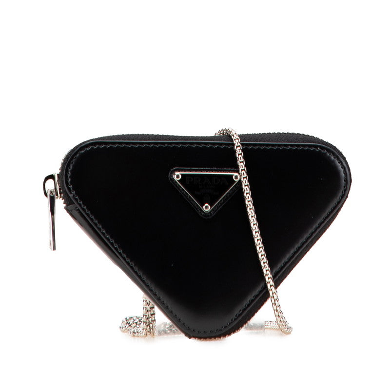 プラダ トライアングル 三角ロゴプレート チェーン ショルダーバッグ ポーチ 1NR005 ブラック レザー レディース PRADA 【中古】