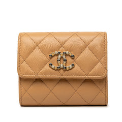 シャネル ココマーク コンパクトウォレット 三つ折り財布 ベージュ ブラウン キャンバス レディース CHANEL 中古