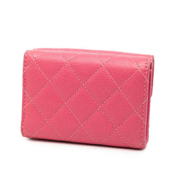 シャネル マトラッセ ココマーク 三つ折り財布 ピンク キャビアスキン レディース CHANEL 【中古】