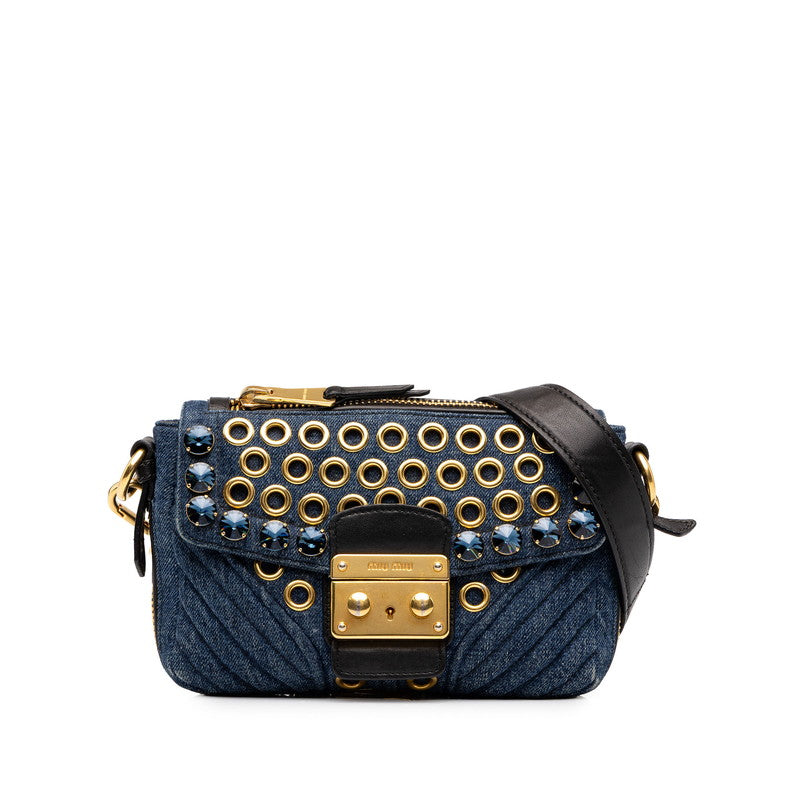 ミュウミュウ ショルダーバッグ インディゴブルー ブラック ゴールド デニム ストーン レザー/メッキ レディース MIUMIU 中古