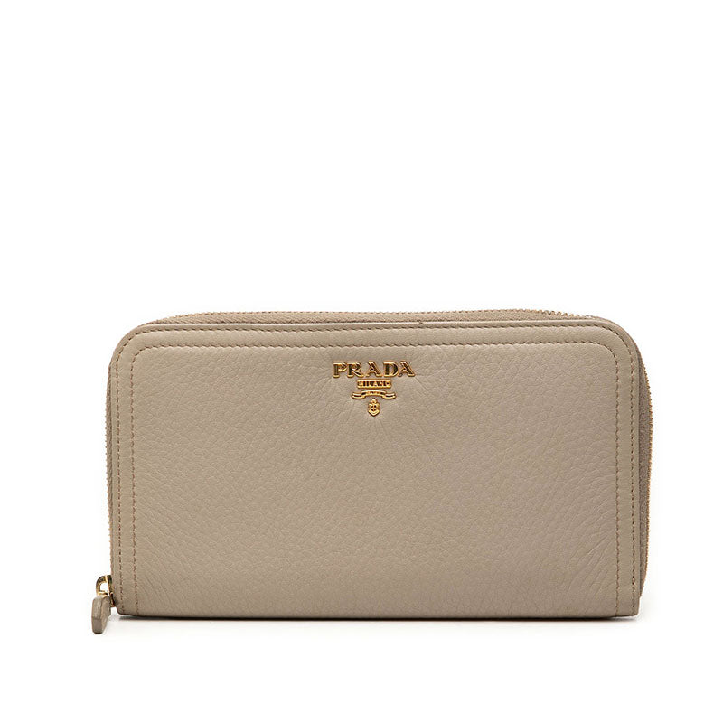 プラダ ロゴ ラウンドファスナー 長財布 グレージュ レザー レディース PRADA 中古