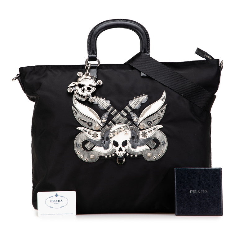 プラダ スカル スタッズ ショルダーバッグ ハンドバッグ 2WAY VA889C ブラック ナイロン レザー レディース PRADA 【中古】