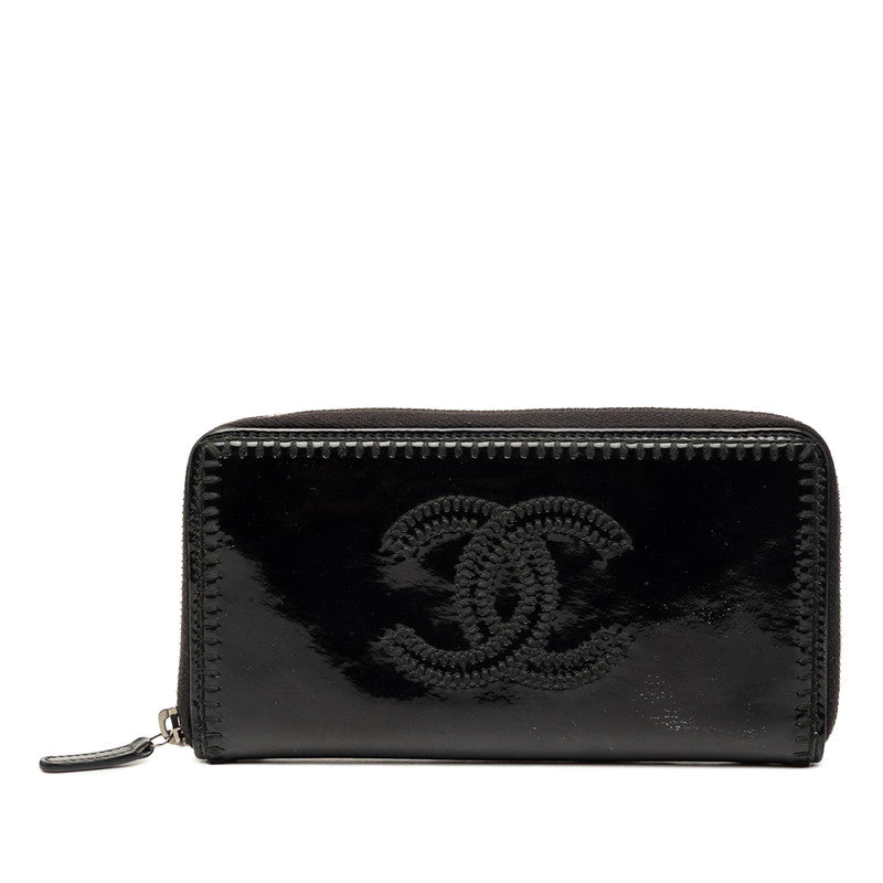 シャネル ココマーク ラウンドファスナー 長財布 ロングウォレット ブラック パテントレザー レディース CHANEL 【中古】