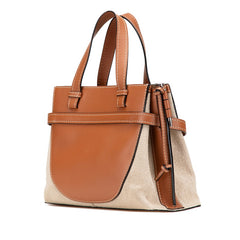 ロエベ アナグラム ゲート トップハンドル スモール ハンドバッグ ワンショルダーバッグ 2WAY ブラウン ベージュ レザー キャンバス レディース LOEWE 【中古】