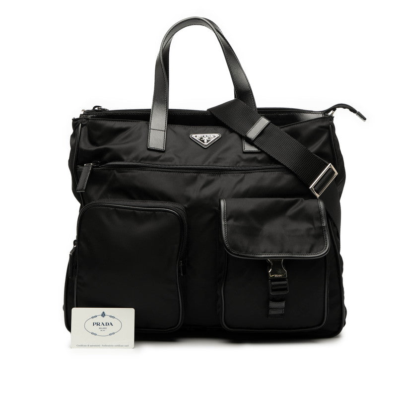 プラダ 三角ロゴプレート トートバッグ ショルダーバッグ 2WAY VA0610 ブラック ナイロン レザー レディース PRADA 【中古】