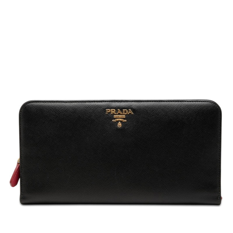 プラダ ロゴ ラウンドファスナー 長財布 ブラック サフィアーノレザー レディース PRADA 【中古】