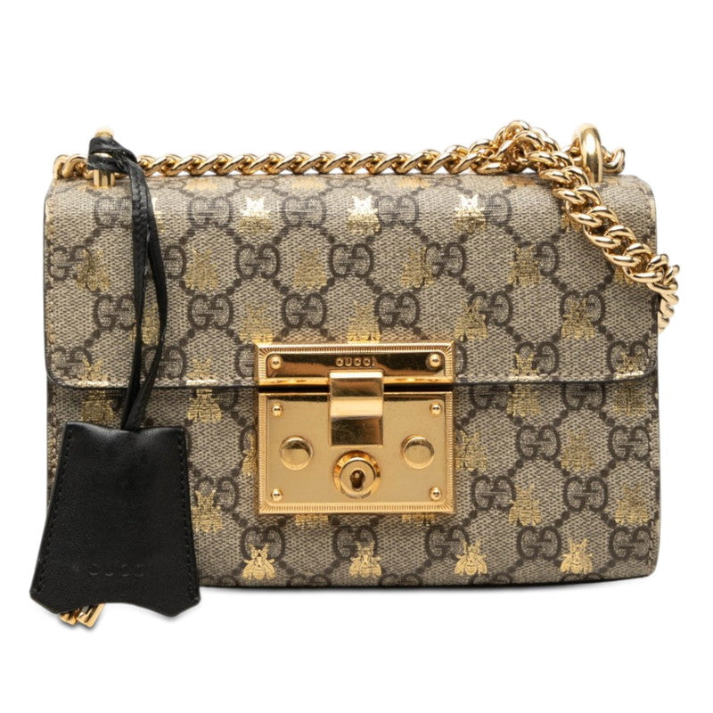 グッチ GGスプリーム パドロック スモール チェーン ショルダーバッグ 409487 ベージュ ブラック PVC レザー レディース GUCCI 【中古】