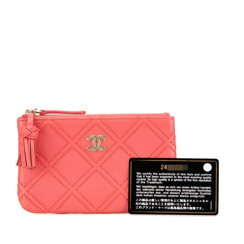 シャネル マトラッセ ダブルステッチ ココマーク タッセル ポーチ ピンク ラムスキン レディース CHANEL 【中古】