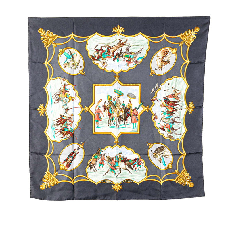 エルメス カレ90 LES CHEVAUX DES MOGHOLS ムガル王朝の馬 スカーフ ネイビー ブルー マルチカラー シルク レディース HERMES 【中古】