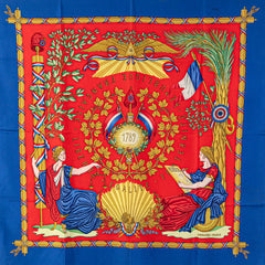 エルメス カレ90 1789 LIBERTE EGALITE FRATERNITE REPUBLIQUE FRANCAISE フランス革命を記念して スカーフ ブルー レッド マルチカラー シルク レディース HERMES 【中古】