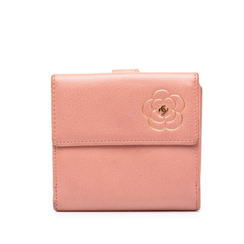 シャネル ココマーク カメリア 二つ折り財布 ピンク ゴールド レザー レディース CHANEL 中古