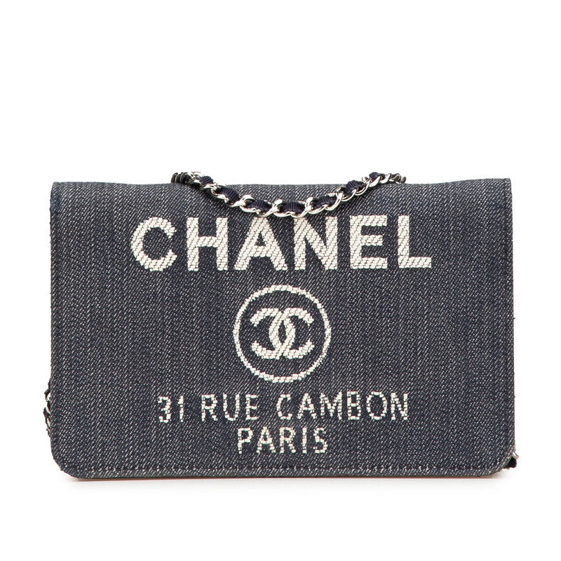 シャネル ドーヴィル チェーンウォレット A80795 ネイビー ホワイト デニム レザー レディース CHANEL 【中古】