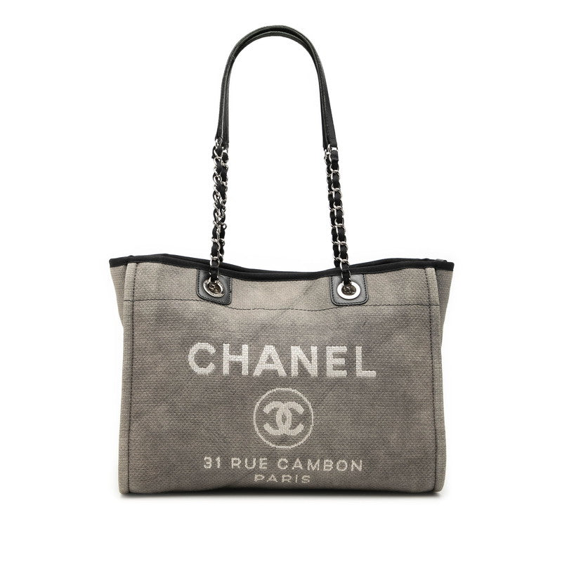 シャネル ココマーク ドーヴィルMM チェーン トートバッグ ショルダーバッグ グレー キャンバス レザー レディース CHANEL 【中古】