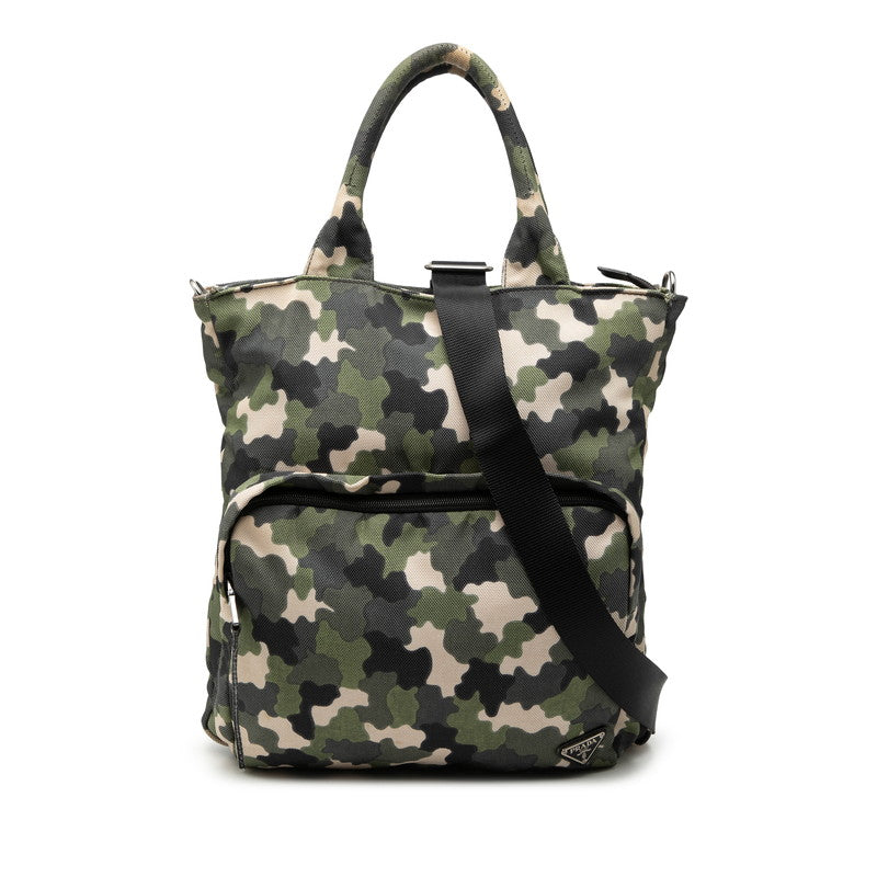 プラダ カモフラージュ柄 三角ロゴプレート トートバッグ ショルダーバッグ 2WAY VA0878 グリーン キャンバス メンズ PRADA 【中古】