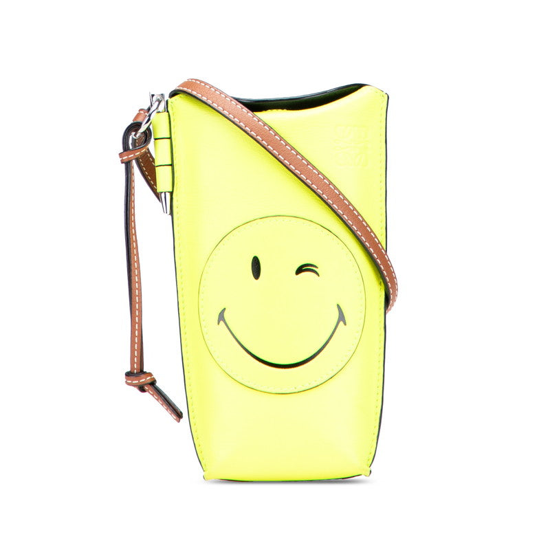 ロエベ ゲートポケット スマイル ウインク 斜め掛け ショルダーバッグ イエロー ブラウン レザー レディース LOEWE 【中古】