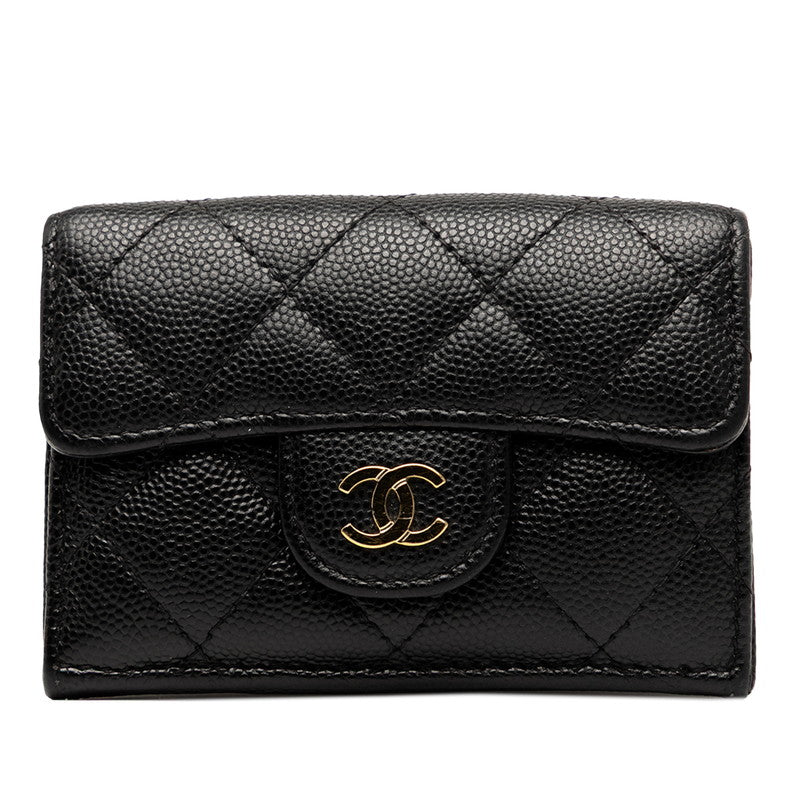 シャネル マトラッセ ココマーク 三つ折り財布 ブラック ゴールド金具 キャビアスキン レディース CHANEL 【中古】