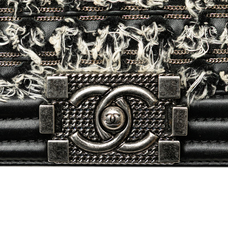 シャネル ボーイシャネル25 斜め掛け チェーン ショルダーバッグ ブラック ホワイト レザー ツイード レディース CHANEL 【中古】