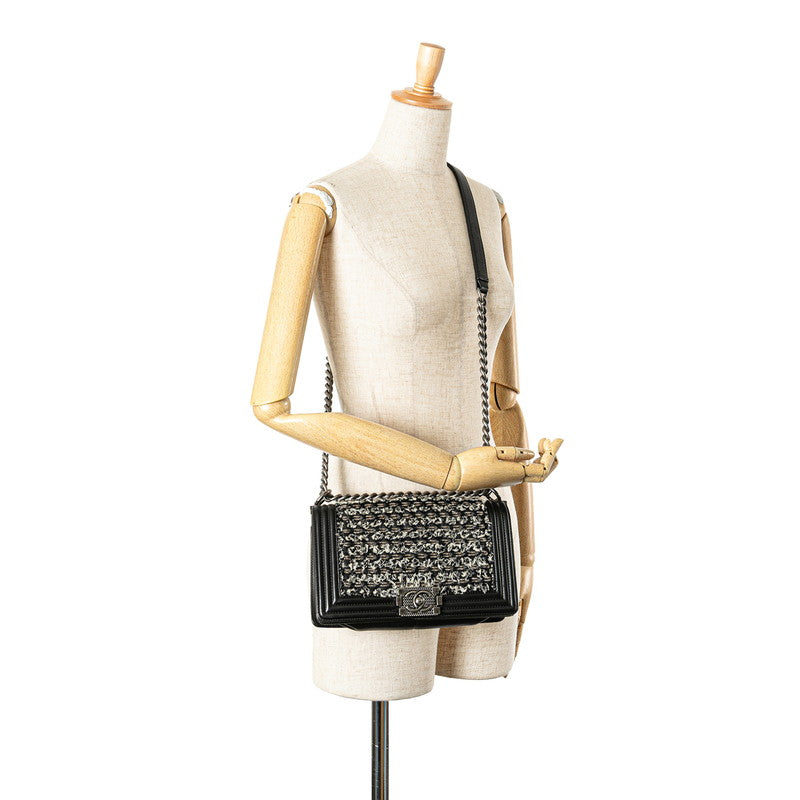 シャネル ボーイシャネル25 斜め掛け チェーン ショルダーバッグ ブラック ホワイト レザー ツイード レディース CHANEL 【中古】
