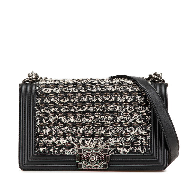 シャネル ボーイシャネル25 斜め掛け チェーン ショルダーバッグ ブラック ホワイト レザー ツイード レディース CHANEL 【中古】