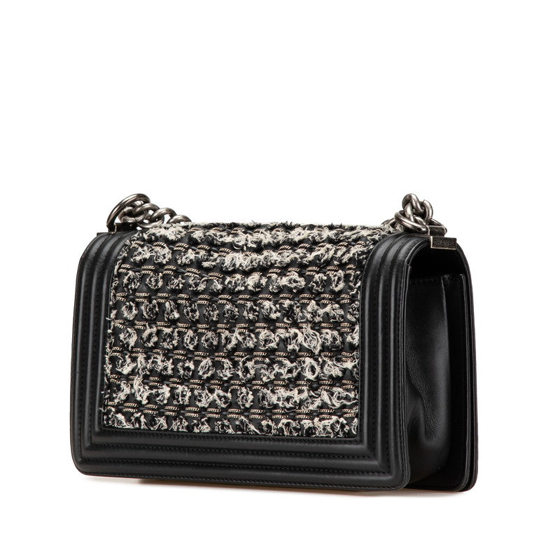 シャネル ボーイシャネル25 斜め掛け チェーン ショルダーバッグ ブラック ホワイト レザー ツイード レディース CHANEL 【中古】