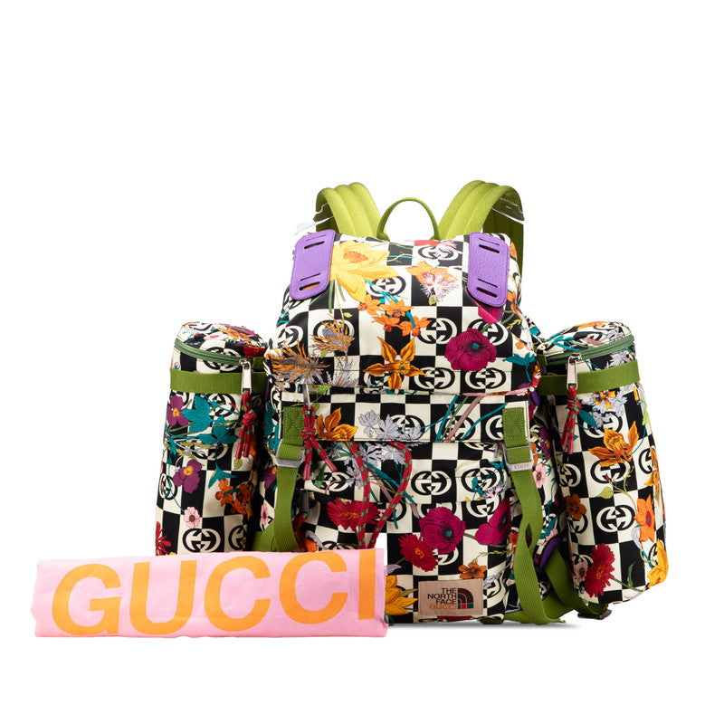 グッチ × ノースフェイス 花 フラワー モチーフ リュック バックパック 650294 グリーン マルチカラー ナイロン レザー レディース GUCCI 【中古】