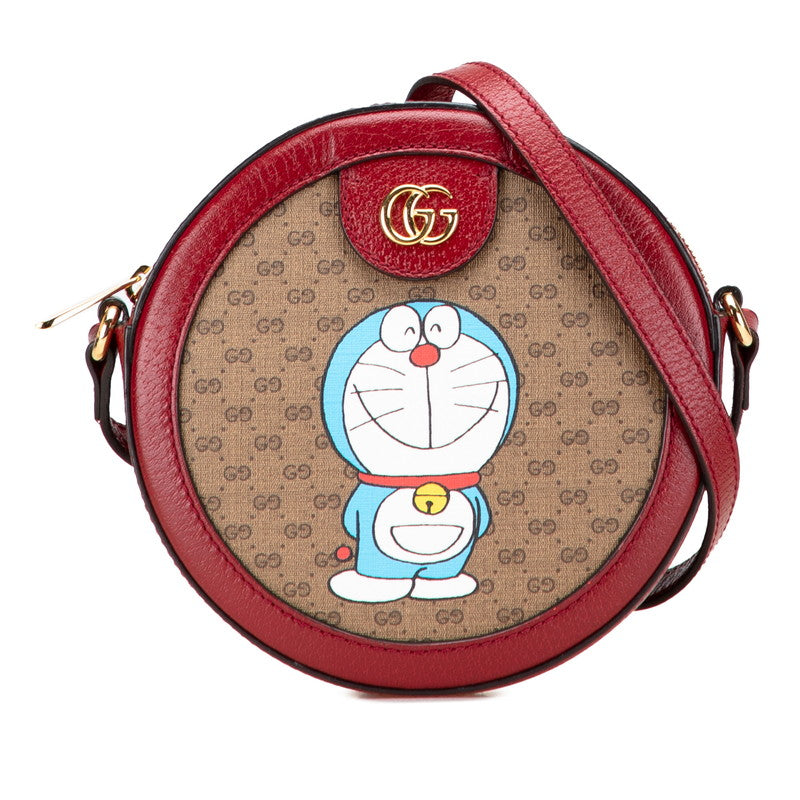 グッチ × ドラえもん ミニGGスプリーム ショルダーバッグ 625216 ブラウン レッド PVC レザー レディース GUCCI 中古