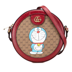 グッチ × ドラえもん ミニGGスプリーム ショルダーバッグ 625216 ブラウン レッド PVC レザー レディース GUCCI 中古