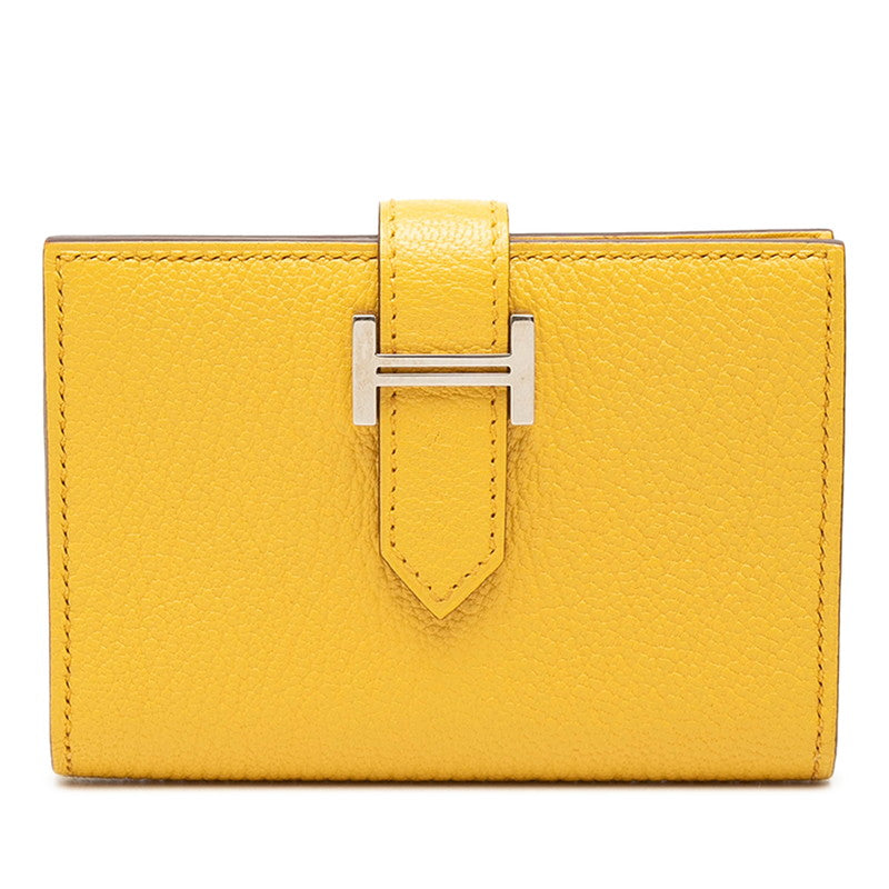エルメス ベアン カードケース W刻印 2024年 サン イエロー系 シルバー金具 シェーブル レディース HERMES 中古