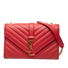 サンローラン Vステッチ チェーンショルダーバッグ 381668 レッド レザー レディース SAINT LAURENT 【中古】
