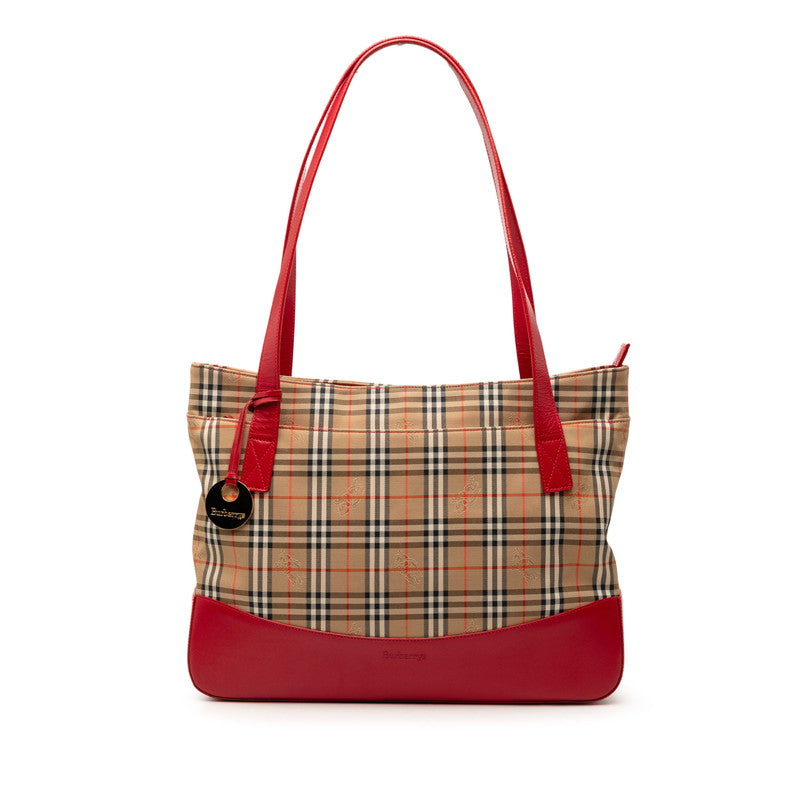 バーバリー ノバチェック トートバッグ ショルダーバッグ レッド ベージュ キャンバス レザー レディース BURBERRY 【中古】
