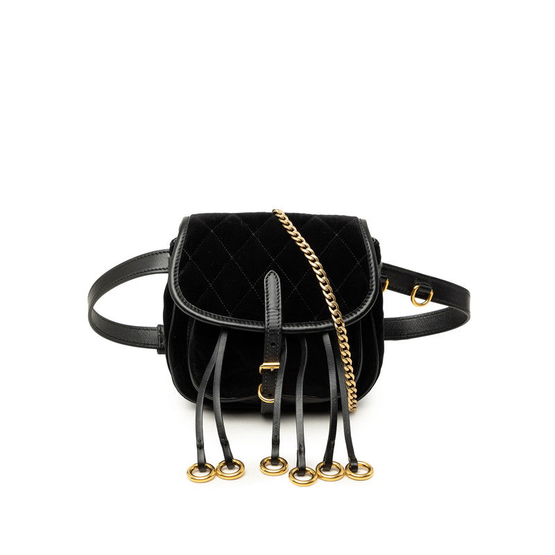 プラダ チェーン ショルダーバッグ ウェストバッグ 2WAY 1BD050 ブラック ゴールド ベロア レザー レディース PRADA 中古