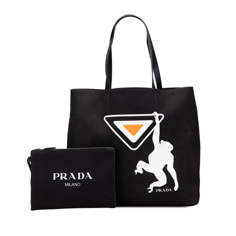 プラダ モンキー トートバッグ ブラック ホワイト オレンジ キャンバス レザー レディース PRADA 【中古】