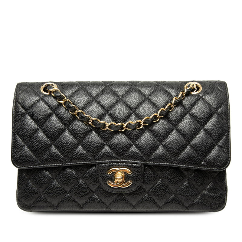 シャネル ココマーク マトラッセ25 ダブルフラップ チェーン ショルダーバッグ ブラック キャビアスキン レディース CHANEL 【中古】