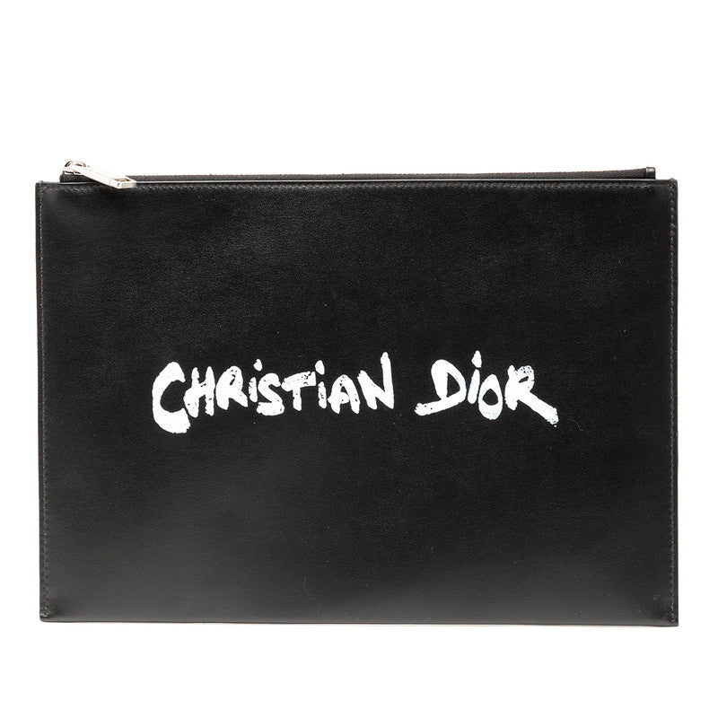 ディオール ロゴ インビテーションポーチ クラッチバッグ ブラック ホワイト レザー メンズ Dior 【中古】