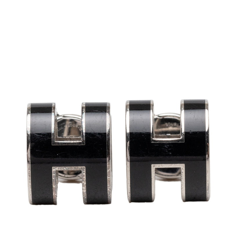 エルメス ミニ ポップH スタッドピアス ブラック シルバー メタル レディース HERMES 【中古】