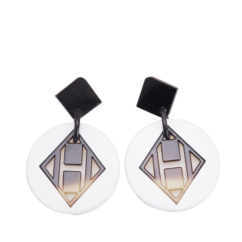 エルメス Hロゴ スタッド ピアス ホワイト ブラウン バッファローホーン ラッカーウッド レディース HERMES 【中古】