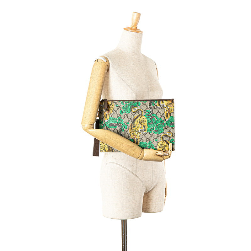 グッチ GGスプリーム タイガー 虎 クラッチバッグ 451473 ブラウン グリーン イエロー PVC レザー レディース GUCCI 【中古】