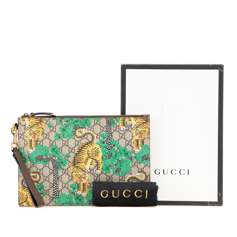 グッチ GGスプリーム タイガー 虎 クラッチバッグ 451473 ブラウン グリーン イエロー PVC レザー レディース GUCCI 【中古】