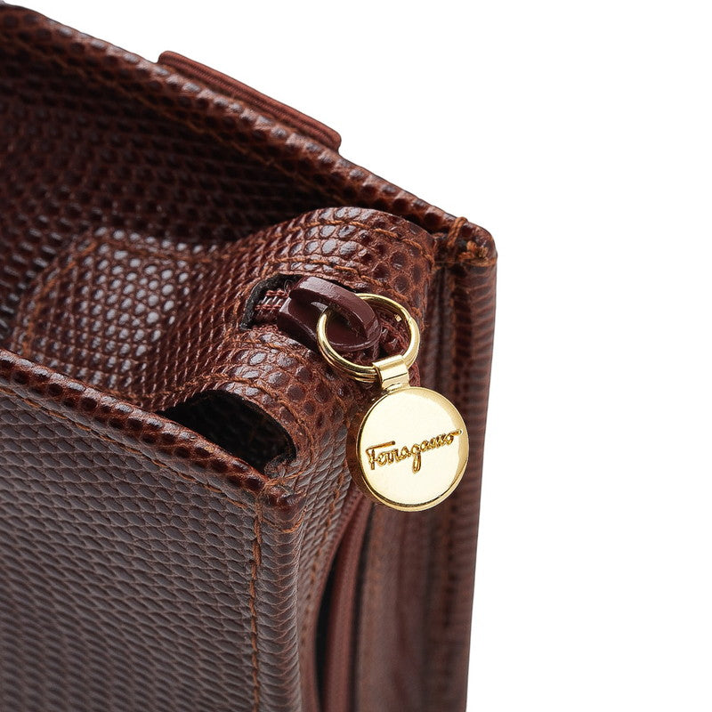 サルヴァトーレフェラガモ ヴァラリボン リザード型押し ポーチ 小物入れ ブラウン レザー レディース Salvatore Ferragamo 【中古】