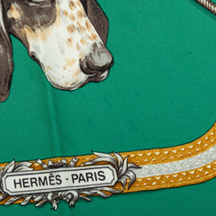 エルメス カレ90 LE LAISSER COURRE ル レッセ クール 猟犬 スカーフ グリーン シルク レディース HERMES 中古