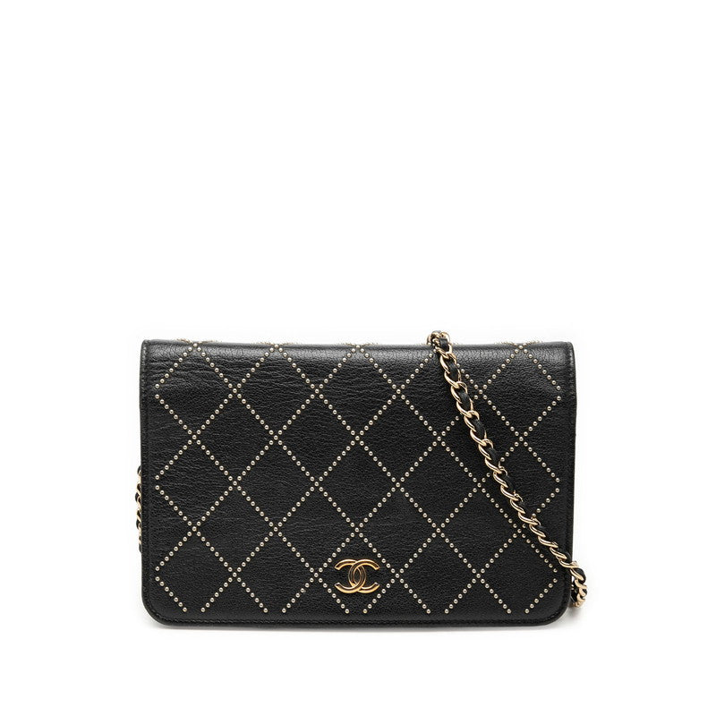 シャネル ココマーク スタッズ チェーンウオレット ショルダーバッグ ブラック カーフスキン レディース CHANEL 【中古】
