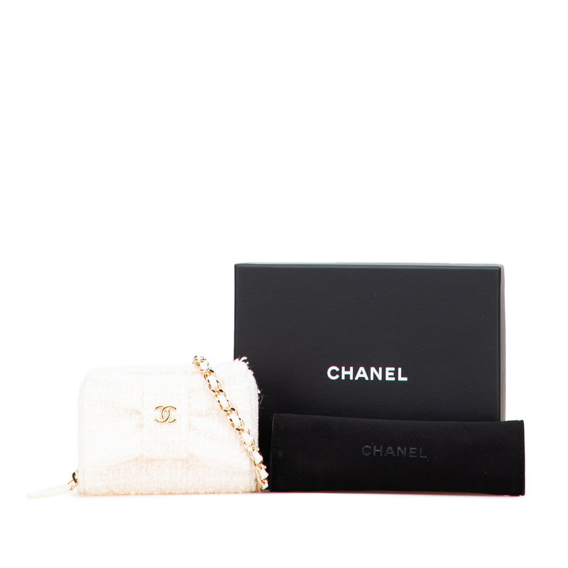 シャネル ココマーク リボン ミニ チェーンウォレット コインケース ホワイト ゴールド ツイード レザー レディース CHANEL 【中古】