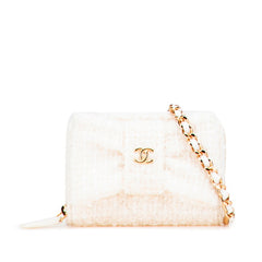 シャネル ココマーク リボン ミニ チェーンウォレット コインケース ホワイト ゴールド ツイード レザー レディース CHANEL 【中古】