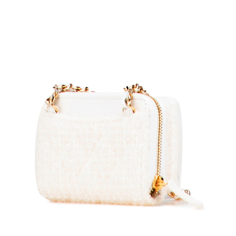 シャネル ココマーク リボン ミニ チェーンウォレット コインケース ホワイト ゴールド ツイード レザー レディース CHANEL 【中古】