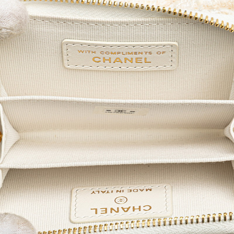 シャネル ココマーク リボン ミニ チェーンウォレット コインケース ホワイト ゴールド ツイード レザー レディース CHANEL 【中古】