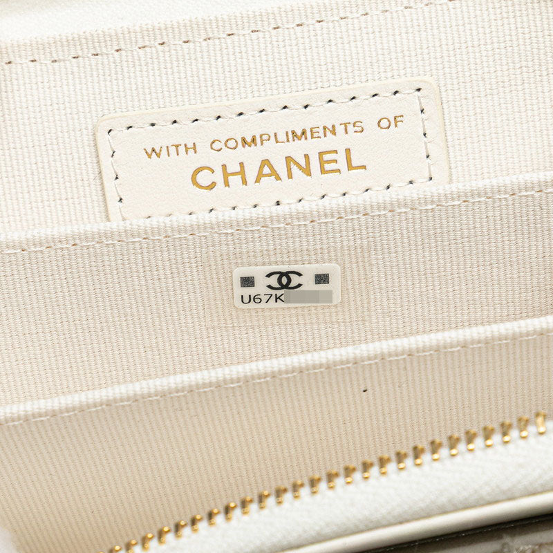 シャネル ココマーク リボン ミニ チェーンウォレット コインケース ホワイト ゴールド ツイード レザー レディース CHANEL 【中古】