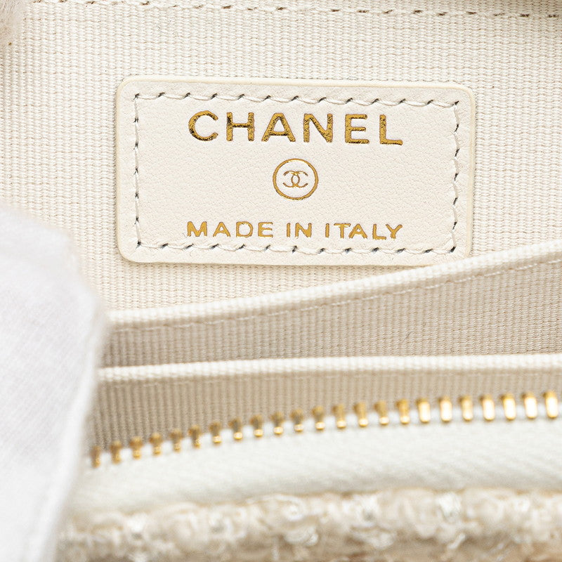 シャネル ココマーク リボン ミニ チェーンウォレット コインケース ホワイト ゴールド ツイード レザー レディース CHANEL 【中古】