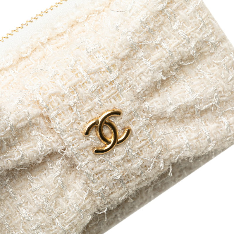 シャネル ココマーク リボン ミニ チェーンウォレット コインケース ホワイト ゴールド ツイード レザー レディース CHANEL 【中古】
